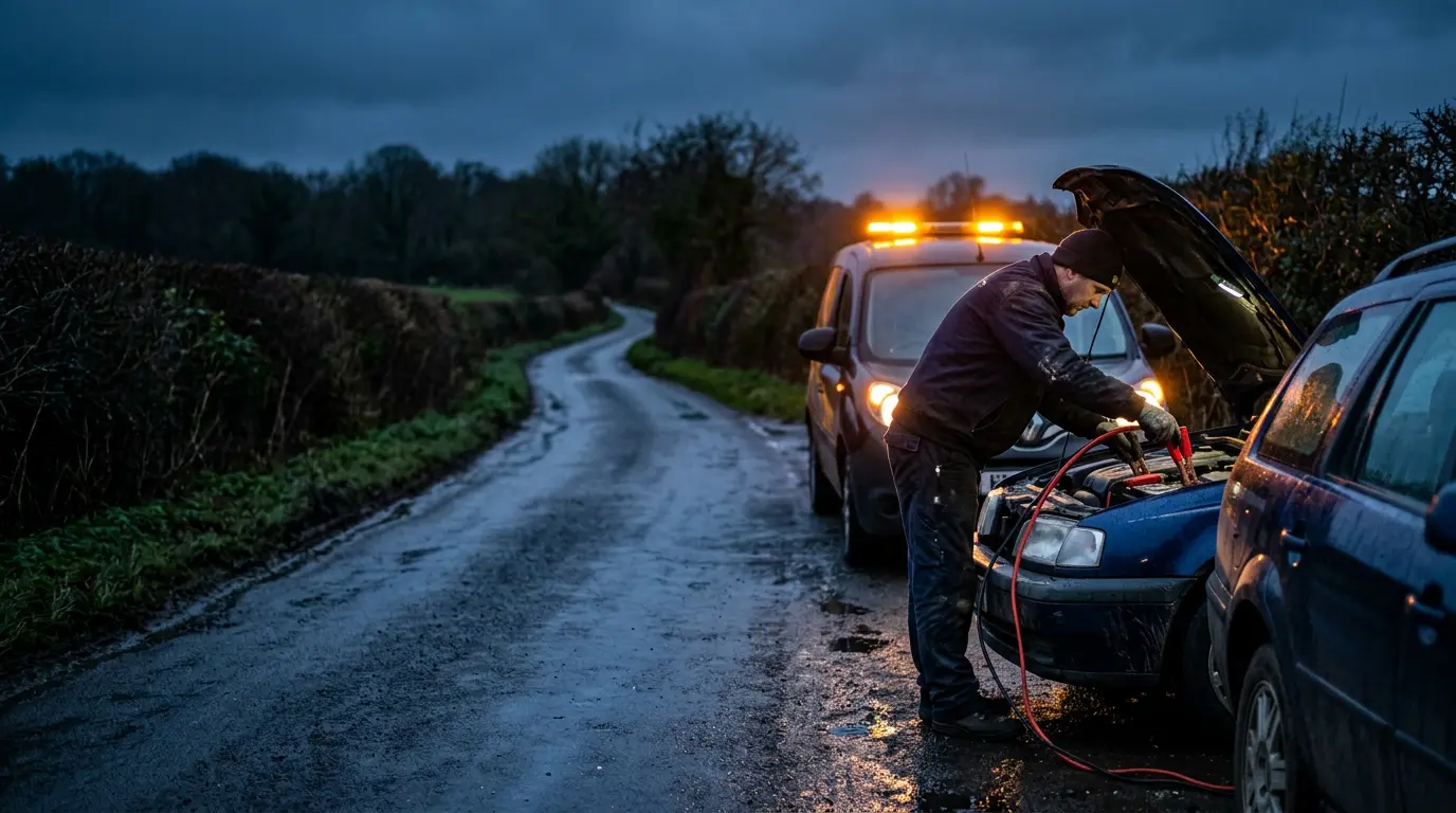 Technician connecting jump leads to a car on a country road at dusk